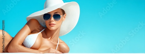 A fashion model relaxes at a luxury resort, wearing a white bikini and a wide-brimmed hat. The sun shines brightly, reflecting off the pristine blue sea, creating a serene atmosphere