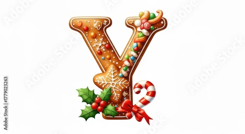 Gingerbread letter y decorated with christmas candy and holly isolated on white background