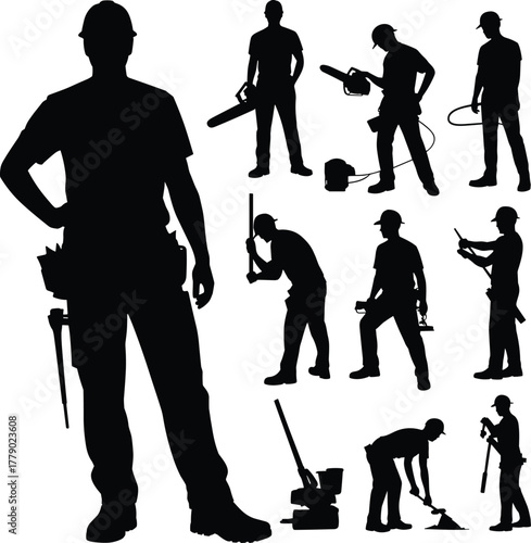 Silhouette construction workers with tools, industrial laborers performing various jobs, teamwork concept, safety equipment, handyman, carpenter, repair and maintenance illustration