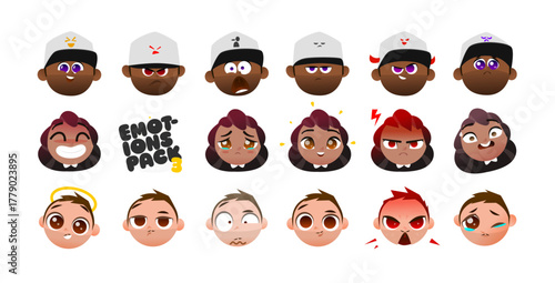 Cute Chibi Character Heads with Expressive Emotions. Perfect for Stickers, UI Avatars, and Creative Design Projects. Vector Illustration Set for Diverse Cartoon Expressions.