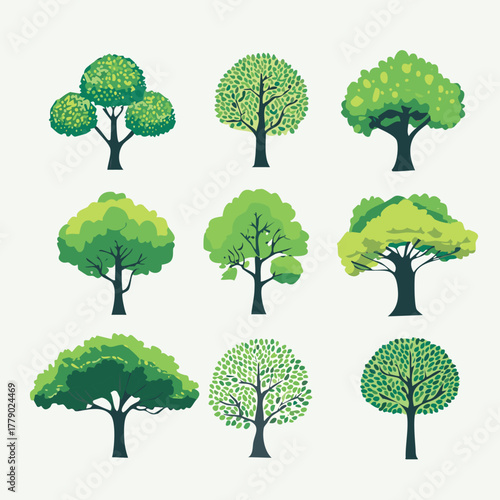 Ensemble de 9 Illustrations Silhouettes d'Arbres pour Paysagiste, Couleur Vert, Dessin Vecteur