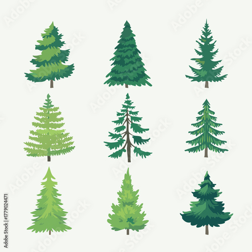 Ensemble de 9 Illustrations Silhouettes d'Arbres Sapins, Pins et Conifères pour Paysagiste, Couleur Vert, Dessin Vecteur
