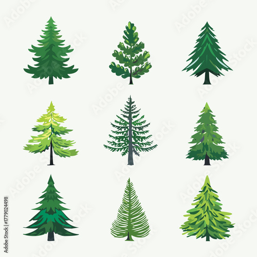 Ensemble de 9 Illustrations Silhouettes d'Arbres Sapins, Pins et Conifères pour Paysagiste, Couleur Vert, Dessin Vecteur