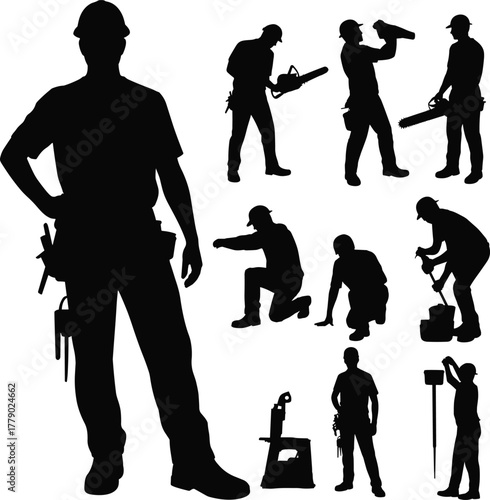 Silhouette construction workers with tools, professional builders performing various jobs, teamwork, safety equipment, industrial labor, carpentry, repair and maintenance illustration