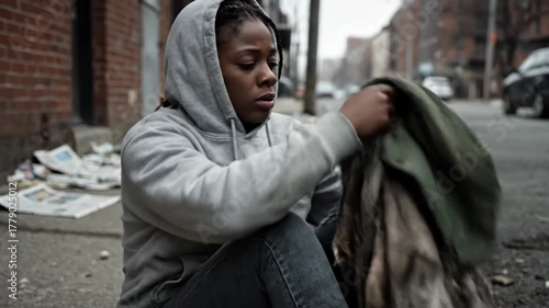 Despondent Woman Sitting on a Grimy City Street - A young African-American woman wearing a hooded sweatshirt and ripped jeans sits dejectedly on a dirty city street.