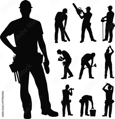 Silhouette construction workers with tools, professional builders performing various tasks, teamwork concept, safety gear, repair, handyman, industrial labor illustration
