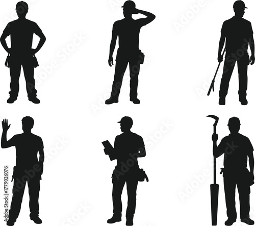Worker silhouettes, construction tools, tradespeople, labor force, industrial jobs, black figures, vocational roles, manual work, teamwork, professions, standing poses