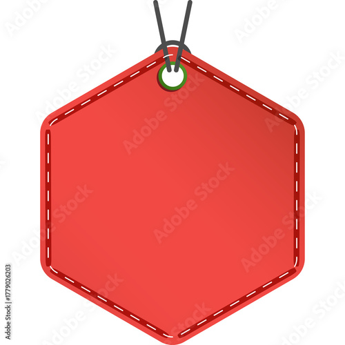 Hexagonal Blank Sale Tag With Red Gradient and Stitched Border Hanging From Two Thin Black Strings With A Small Green Circle Detail At The Top Left