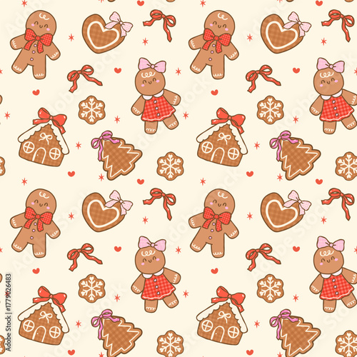 Coquette Gingham Christmas Kawaii Gingerbread Seamless Pattern Girly Repeat Wallpaper Hand Drawn isolated on background