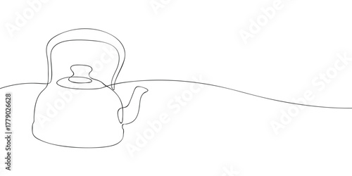 Continuous one line drawing of a kettle. Minimal vector illustration of a teapot with handle and spout. Simple kitchen appliance outline for design and print.