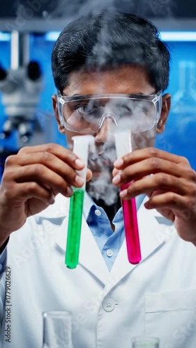 Scientist in lab coat examining test tubes with colorful liquids