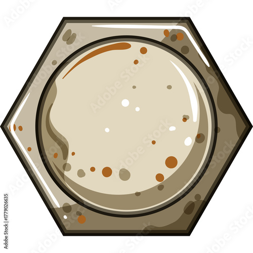 Hexagonal shape with a circular inset in neutral beige tones detailed with speckles and shadows featuring a glossy reflective surface and metallic border isolated on a white background