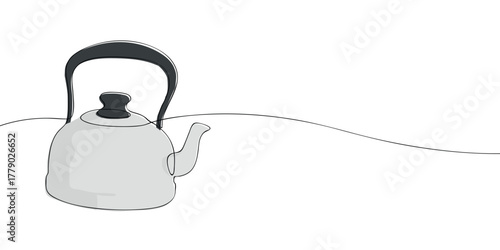 Continuous one line drawing of a kettle with handle and spout. Minimal vector illustration for tea, coffee, beverage, cafe, or kitchen design template.