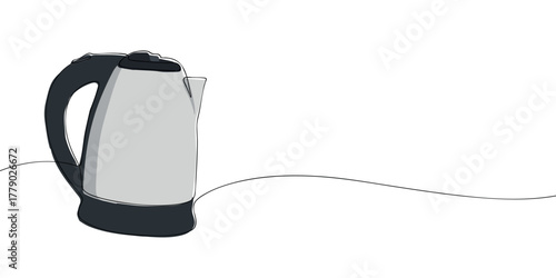 One line drawing of an electric kettle on white background. Minimal continuous line art for kitchen, tea, and appliance design.