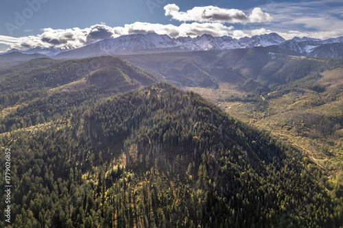 Fototapeta Naklejka Na Ścianę i Meble -  Aerial view of forested mountain slopes and snowy Tatra peaks, Poland
