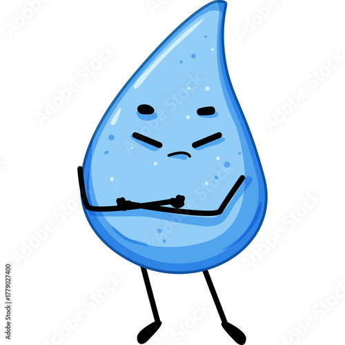 Grumpy Blue Water Droplet Character with Arms Crossed and Legs Apart on White Background Cartoon Illustration