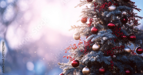 クリスマスツリーと光ボケの背景　新年　グリーティングカード