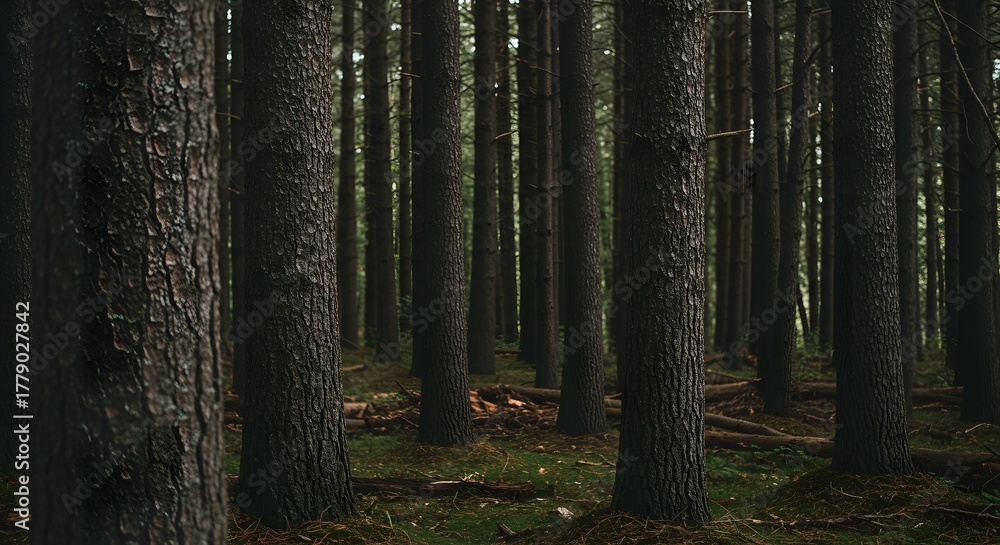 Fototapeta premium Dense Forest of Tall Trees with Mossy Ground Cover Dark Atmosphere.