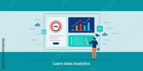 Professional upskilling in data science and applied analytics education, AI assistant visualize complex data types and coding on interactive dashboard.