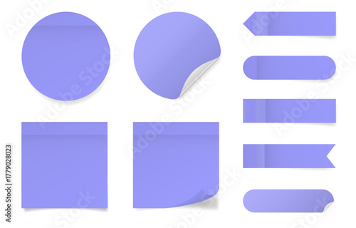 Set of square and round paper stickers. Purple stick in notes. Post it notes. Sheets of paper. Tag, sticky note. Pointed bookmarks