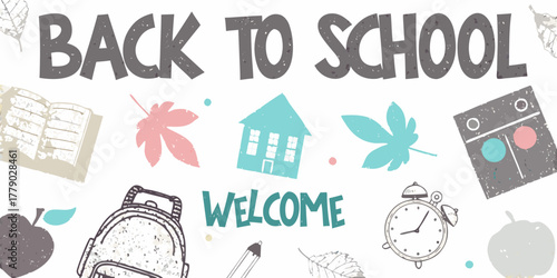 Back to school welcome with school supplies and autumn leaves illustration