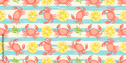 Whimsical coral crabs and lemon slices seamless pattern on textured blue stripes