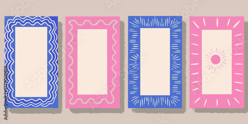 Four decorative rectangular frames with unique borders in pink and blue against a neutral background