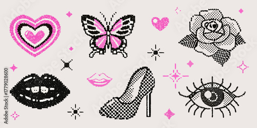 A collection of retro pixel art icons including a heart butterfly rose lips high heel shoe and eye