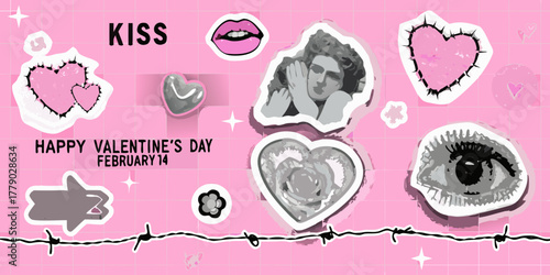 Happy valentine s day february 14th with kiss lips hearts and a woman whispering secrets