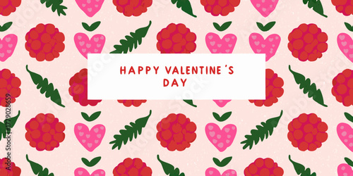 Happy valentines day card with a cute pattern of raspberries and heart shaped strawberries on a pink background