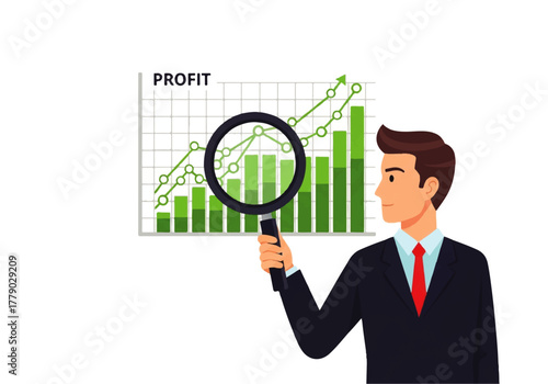 Financial Analysis: A focused analyst meticulously examines a growth graph through a magnifying glass, signifying detailed assessment and strategic insight.
