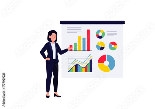 Financial Insight: An astute business woman presents dynamic financial charts on a large screen, poised to articulate valuable data, demonstrating expertise and strategic focus.