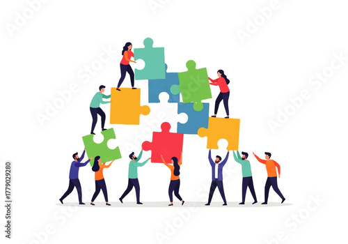 Collaboration of the Puzzle: A team of diverse individuals working together, collaboratively assembling colorful puzzle pieces to build a structure, symbolizing teamwork and collective effort