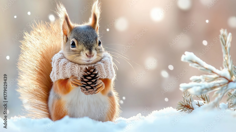 Naklejka premium Squirrel wearing a knitted scarf holds a pine cone in a snowy winter scene