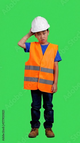 Young Boy in Construction Worker Costume Wearing White Helmet Looking at Camera