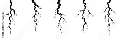 Lightning silhouettes vector pack including various thunderbolt shapes suitable for weather apps, infographic design, educational materials, and digital or print illustrations