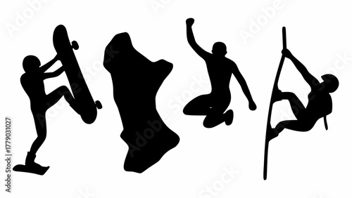 Dynamic silhouettes of extreme sport athletes: skateboarding, rock climbing, jumping for joy, and pole climbing showcasing strength and skill, action packed