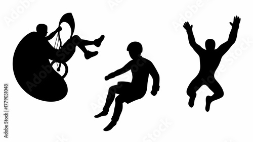 Thrilling paragliding adventure with silhouette figures soaring through the air, showcasing freedom and excitement, celebrating a successful flight touchdown