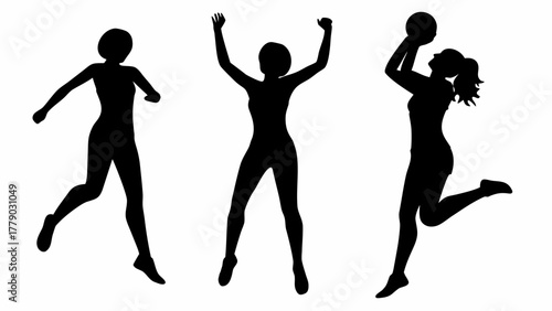 Dynamic silhouettes of women playing volleyball, celebrating victory, and running offer high-energy visuals for sports and fitness themes