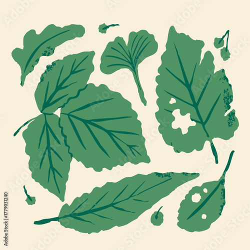 Various whole green leaves and chewed by insects. Damaged leaves with holes due to being eaten. Hand drawn modern Vector illustration. Isolated design elements 