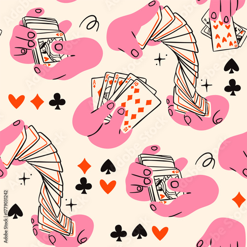 Hands shuffle, hold, take cards, playing cards, card suits. Hand drawn trendy Vector illustration. Tournament, casino, poker, gambling, game, croupier, entertainment concept. Square seamless Pattern 