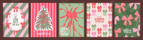 Hand drawn cards set of Merry Christmas and Happy New Year. Vintage concept with gift bows, Christmas tree, texture. Minimalist modern design for poster, cover, social media, banner, invitation