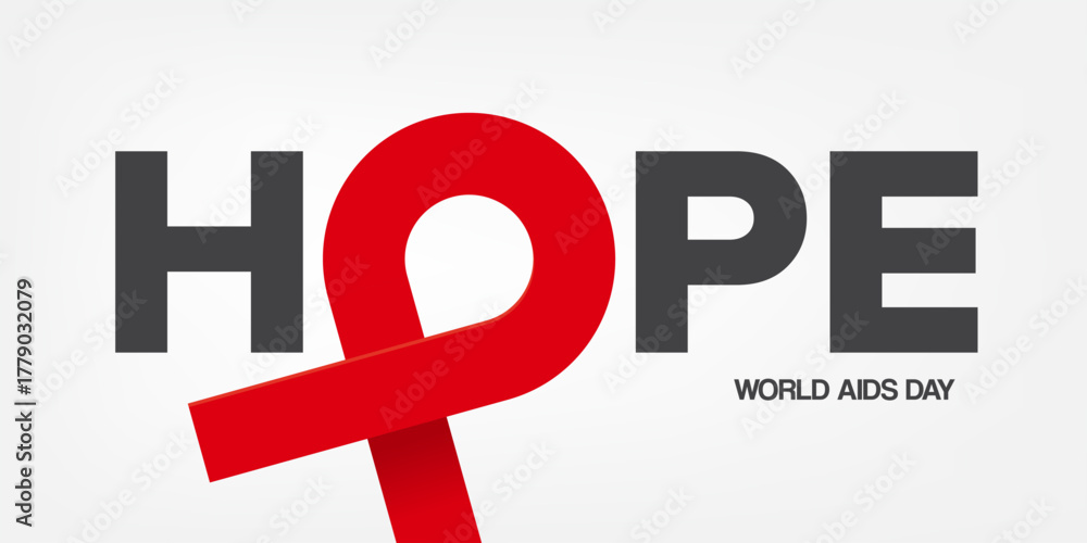 Naklejka premium Hope lettering design with red ribbon. World AIDS DAY 1 december banner with red ribbon. World HIV awareness day starts in 1 December. Red ribbon with text background. World AIDS Day poster