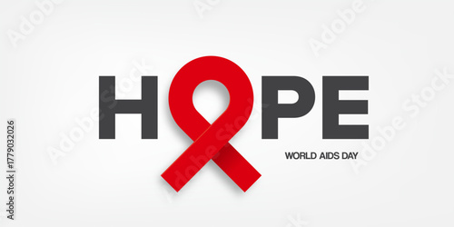 Hope lettering design with red ribbon. World AIDS DAY 1 december banner with red ribbon. World HIV awareness day starts in 1 December. Red ribbon with text background. World AIDS Day poster