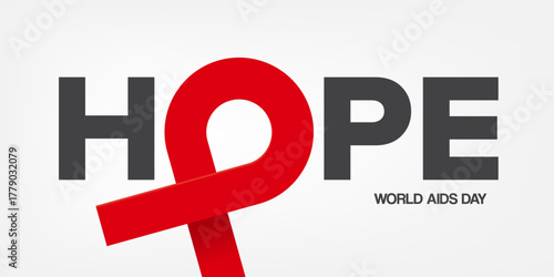 Hope lettering design with red ribbon. World AIDS DAY 1 december banner with red ribbon. World HIV awareness day starts in 1 December. Red ribbon with text background. World AIDS Day poster