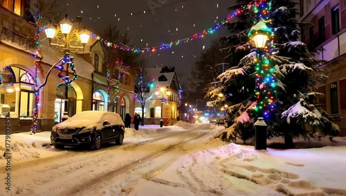 Wallpaper Mural Snowy street scene with lights and car during winter night Torontodigital.ca