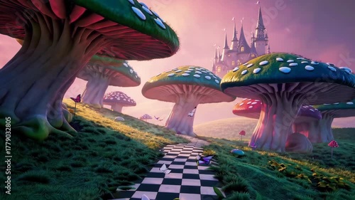 Fantasy landscape with mushrooms, castle, butterflies, and checkered path in magical style.