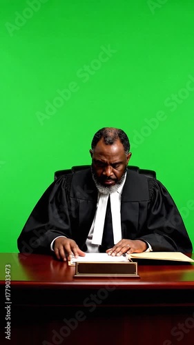 Judge Sitting Reading Case Files in Courtroom – Legal Profession and Law Concept