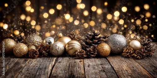 Christmas Ornaments and Pine Cones on Wooden Table