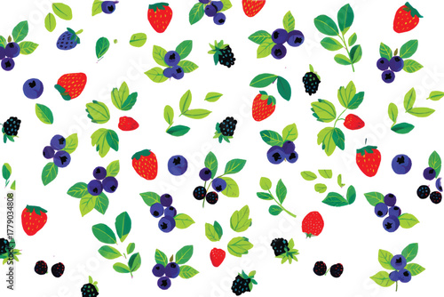A vibrant illustration featuring scattered strawberries, blueberries, blackberries, and green leaves.